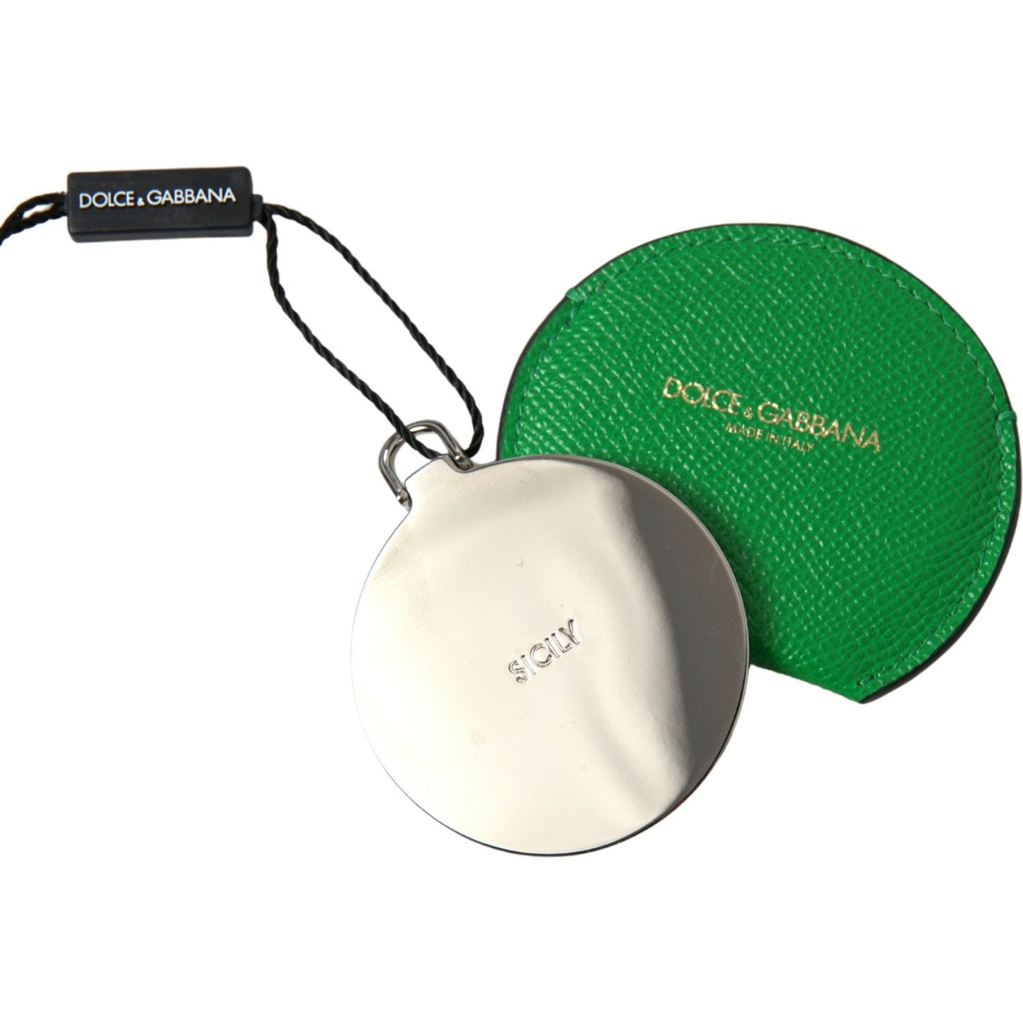 Dolce & Gabbana Green Calfskin Leather Round Logo Hand Mirror Holder
