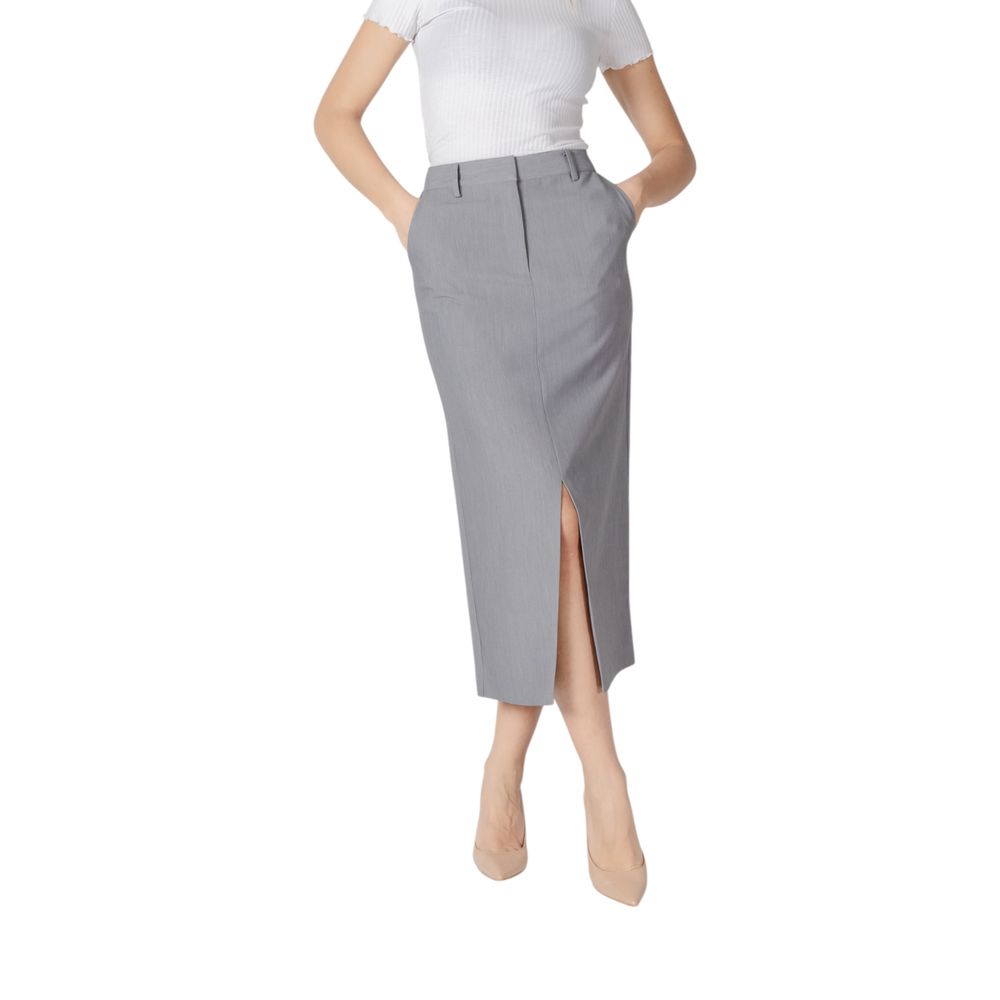 ICHI Gray Polyester Long Skirt ICHI