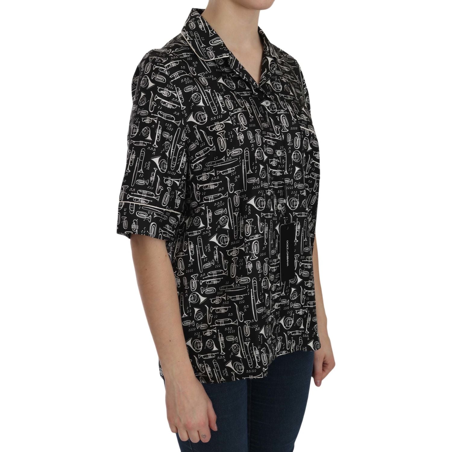 Dolce & Gabbana Black Musical Instrument Print Silk  Top