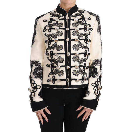 Dolce & Gabbana White Wool Black Floral Baroque Jacket