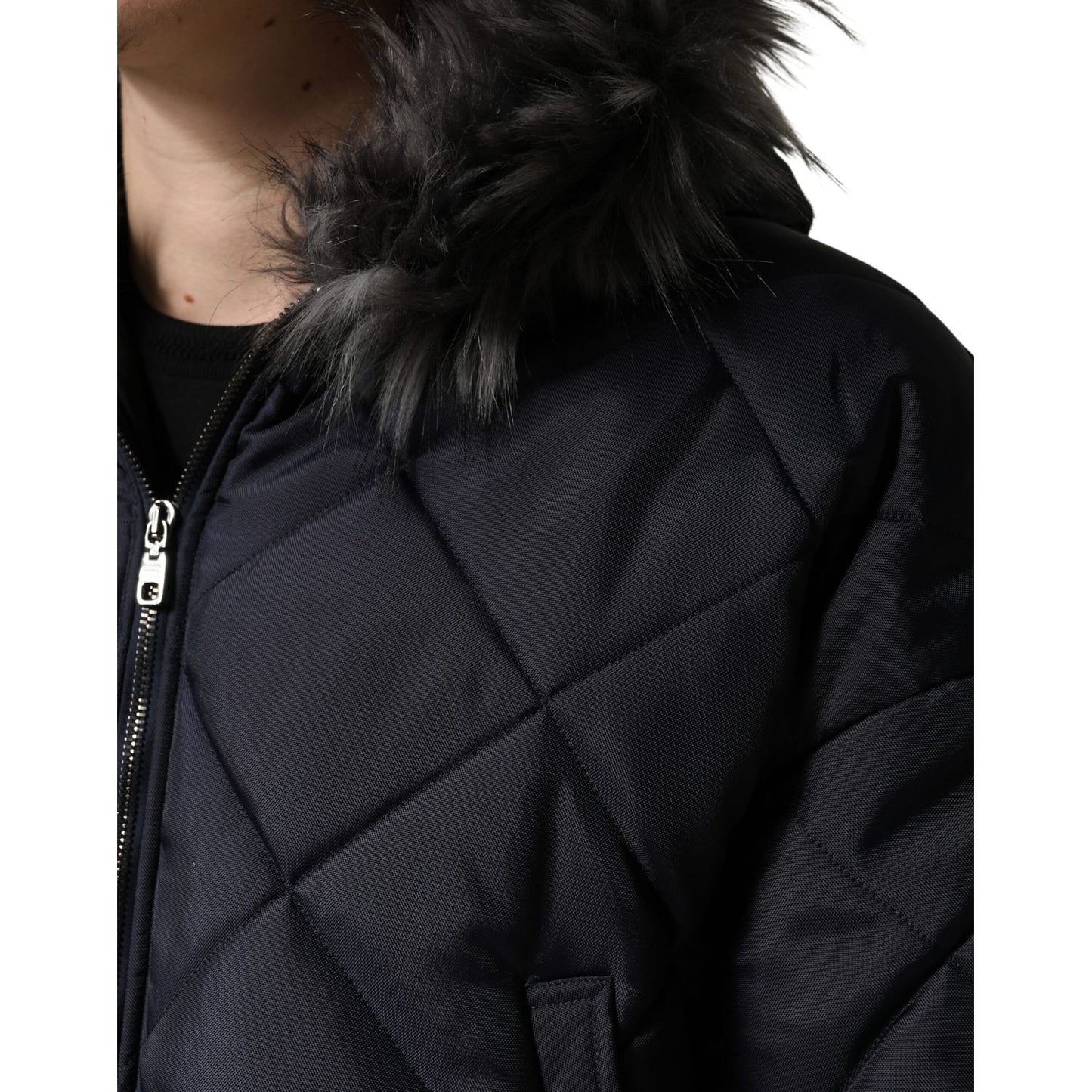 Dolce & Gabbana Black Quilted Fur Shearling Hooded Jacket