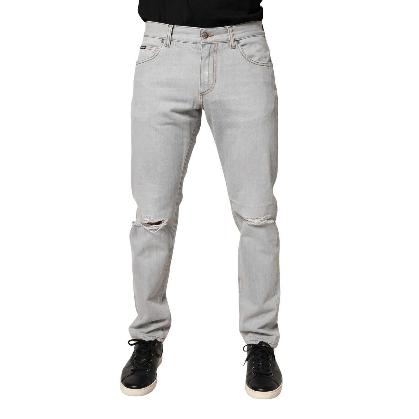 Dolce & Gabbana Light Gray Ripped Cotton Regular Denim Jeans
