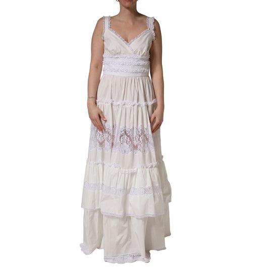 Dolce & Gabbana White Cotton Sleeveless Lace Maxi Dress