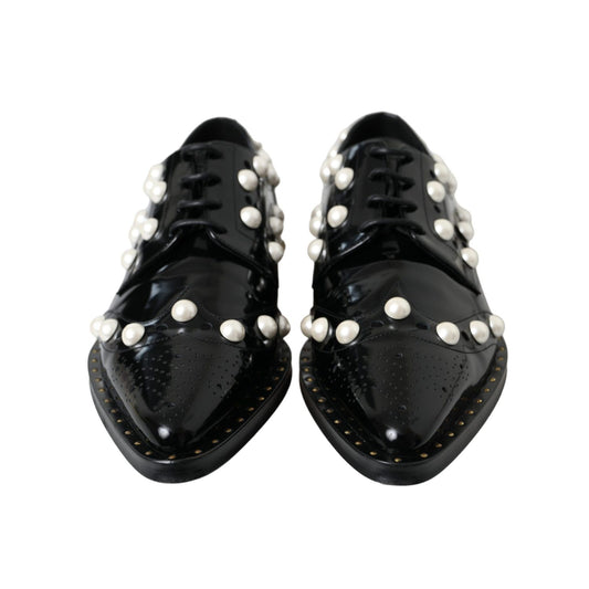 Dolce & Gabbana Black Leather Faux Pearl Dress Brogue Shoes