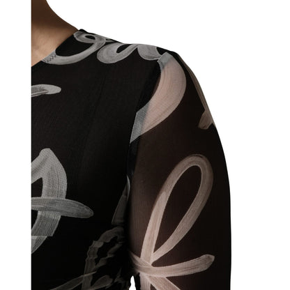 MSGM Black White Long Sleeve Printed Mini Dress