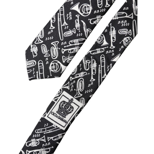 Dolce & Gabbana Black Trumpet Print Silk Adjustable Men Tied Necktie Tie