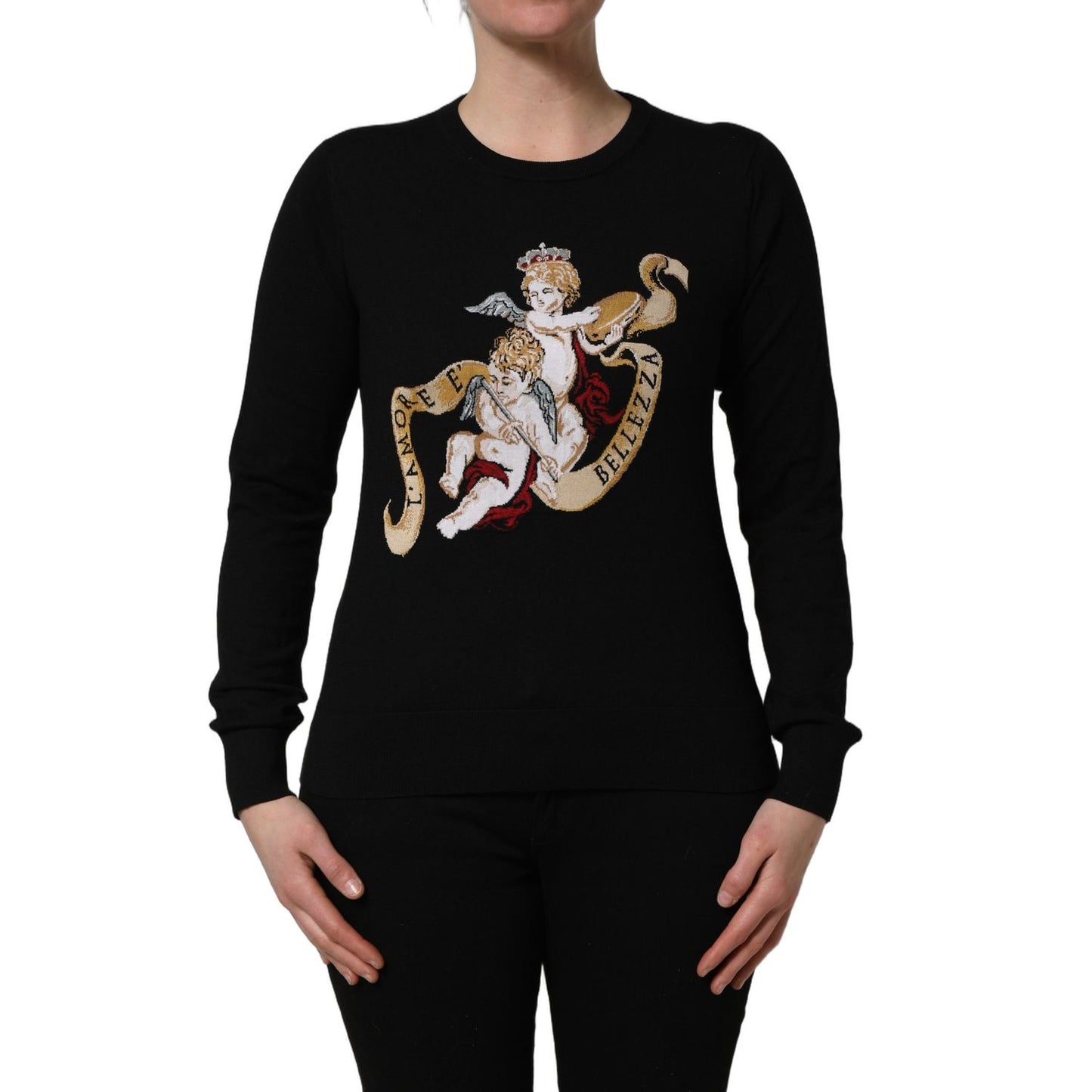 Dolce & Gabbana Black Angels Wool Crew Neck Pullover Sweater