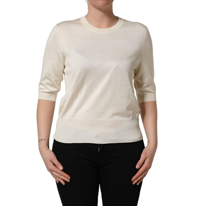 Dolce & Gabbana Off White 3/4 Sleeves Crewneck Pullover Sweater