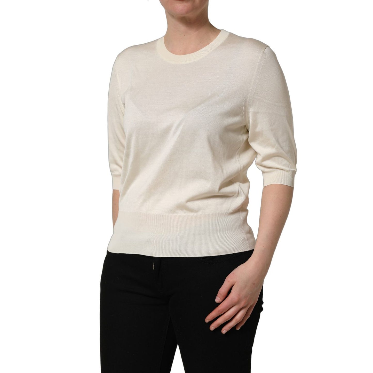 Dolce & Gabbana Off White 3/4 Sleeves Crewneck Pullover Sweater