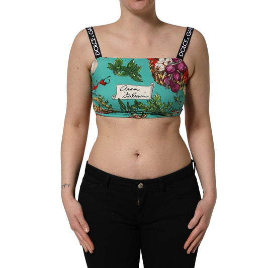Dolce & Gabbana Turquoise Vegetable Print Silk Crop Tank Top