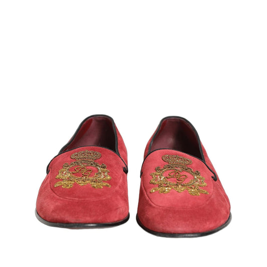 Dolce & Gabbana Red Velvet Logo Embroidery Men Loafers Shoes