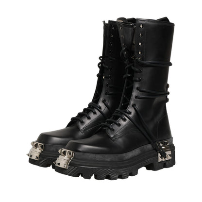 Dolce & Gabbana Black Stud Platform Combat High Boots Shoes