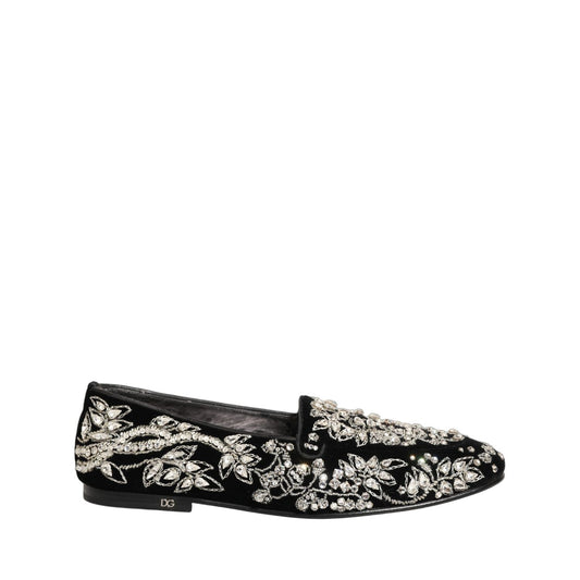 Dolce & Gabbana Black Velvet Embellished Dress Loafers Shoes
