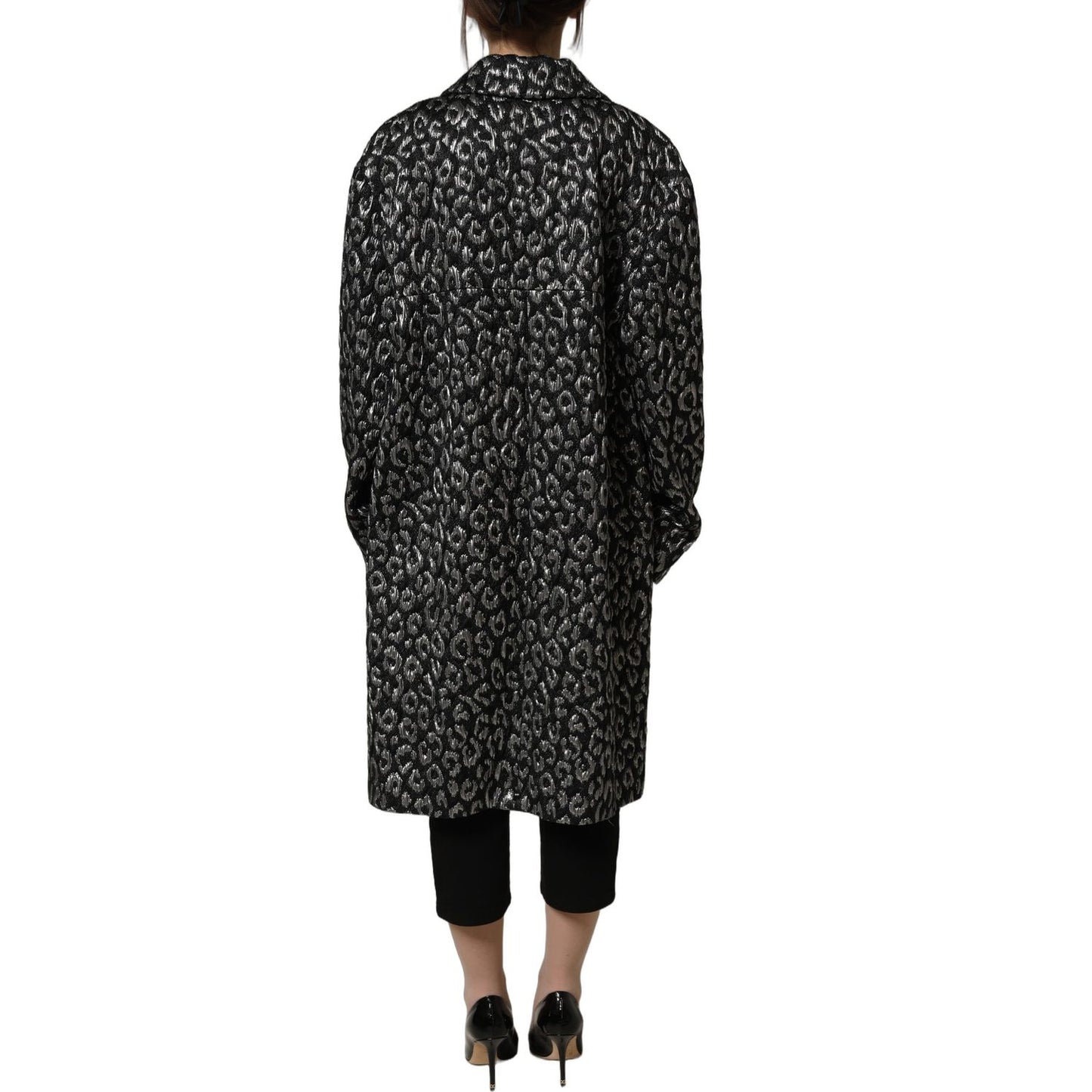 Dolce & Gabbana Black Silver Jacquard Leopard Coat Jacket