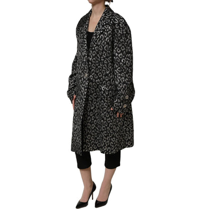 Dolce & Gabbana Black Silver Jacquard Leopard Coat Jacket
