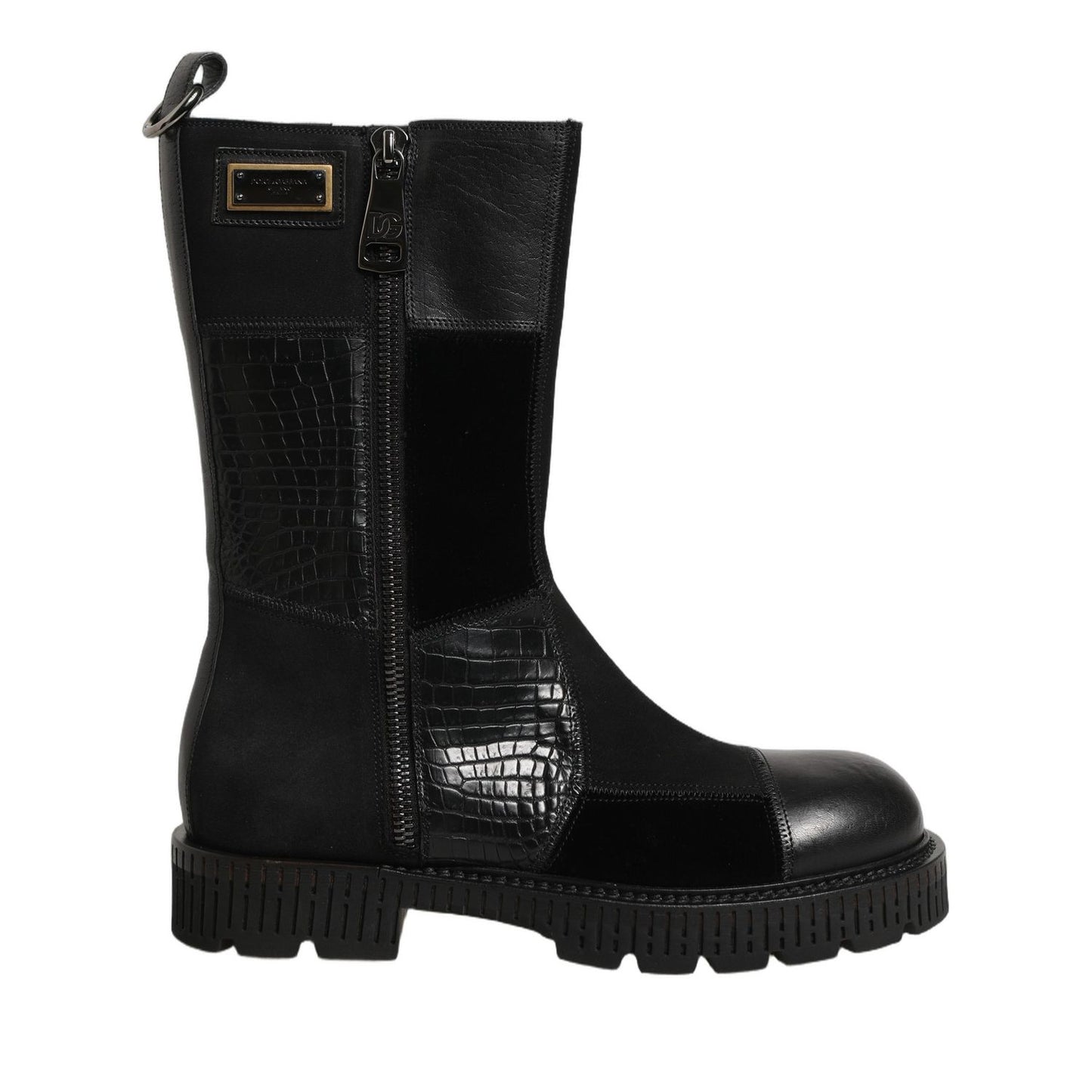 Dolce & Gabbana Black Patchwork Leather Mid Calf Boots Shoes