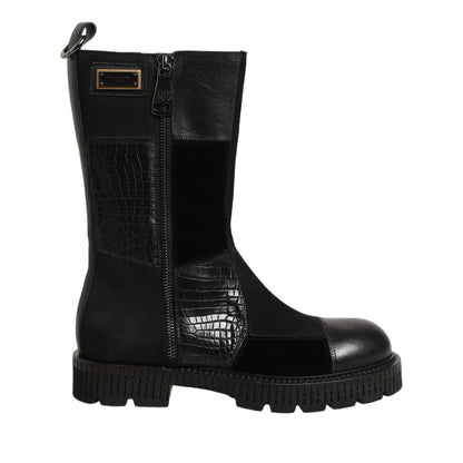 Dolce & Gabbana Black Patchwork Leather Mid Calf Boots Shoes