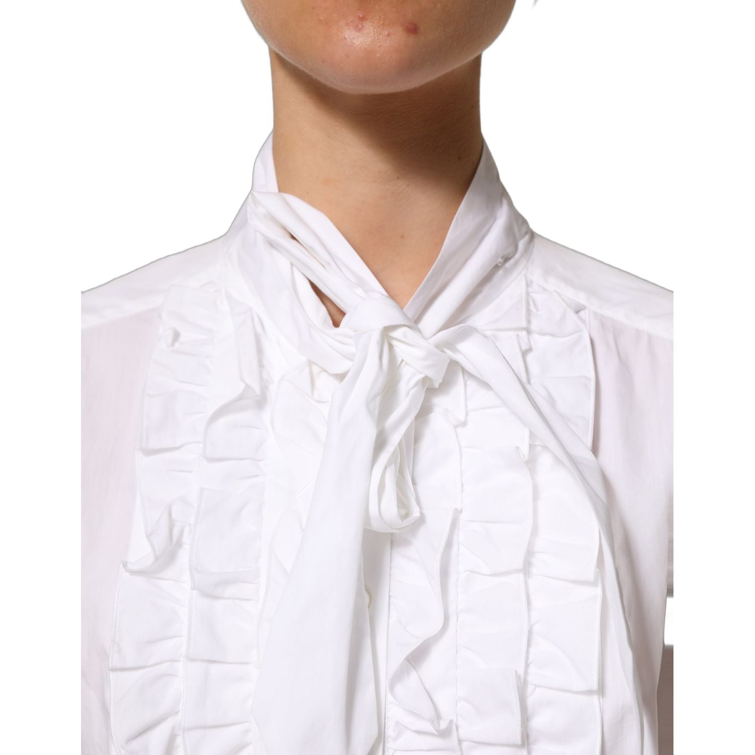Dolce & Gabbana White Ruffled Bib Long Sleeves Blouse Top