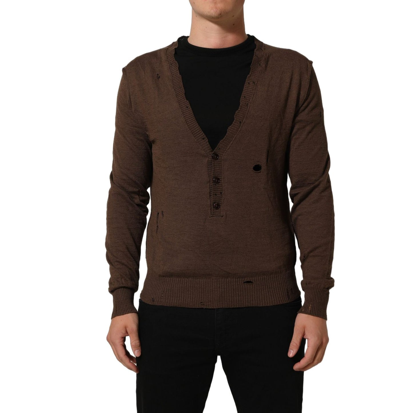 Dolce & Gabbana Brown Flax Buttoned V-neck Pullover Sweater