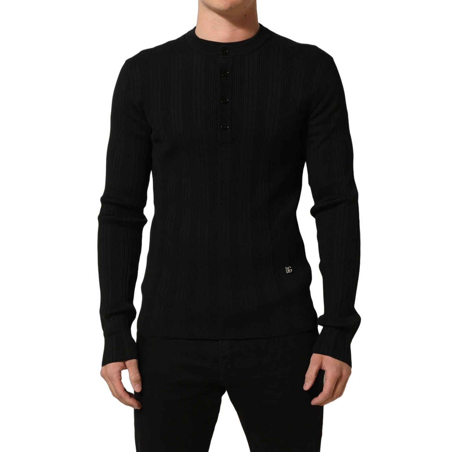 Dolce & Gabbana Black Silk Blend Henley Pullover Men Sweater