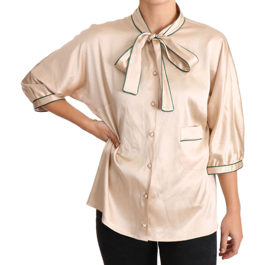 Dolce & Gabbana Beige Ribbon Silk Stretch Top Blouse