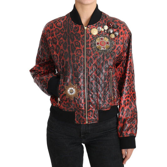 Dolce & Gabbana Red Leopard Bomber Leather Jacket with Crystal Buttons Coats & Jackets Dolce & Gabbana