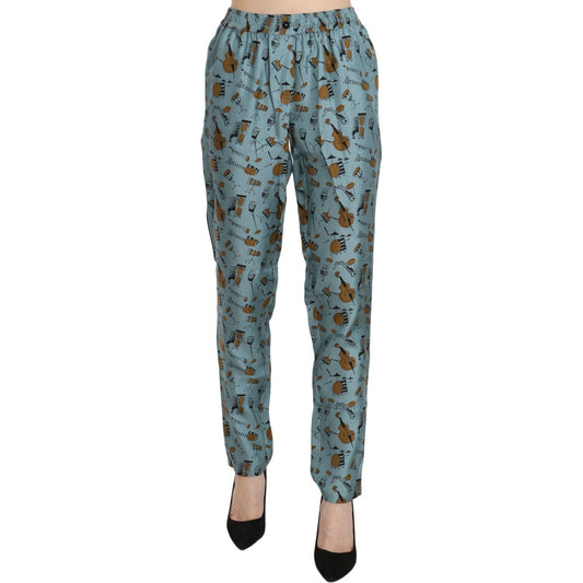 High Waist Tapered Silk Pants in Blue Print