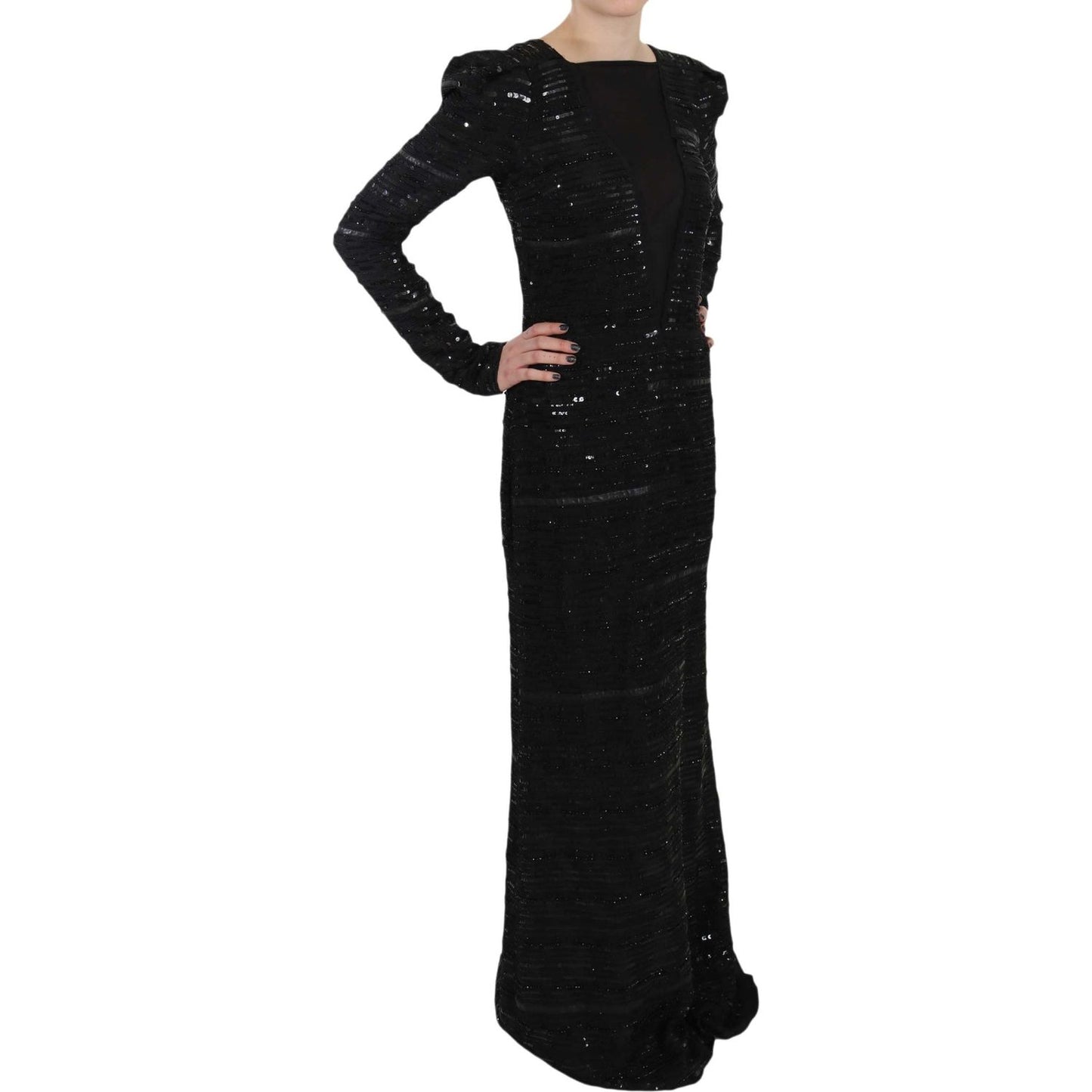 John Richmond Black Silk Sheath Maxi Dress with Sequins John Richmond