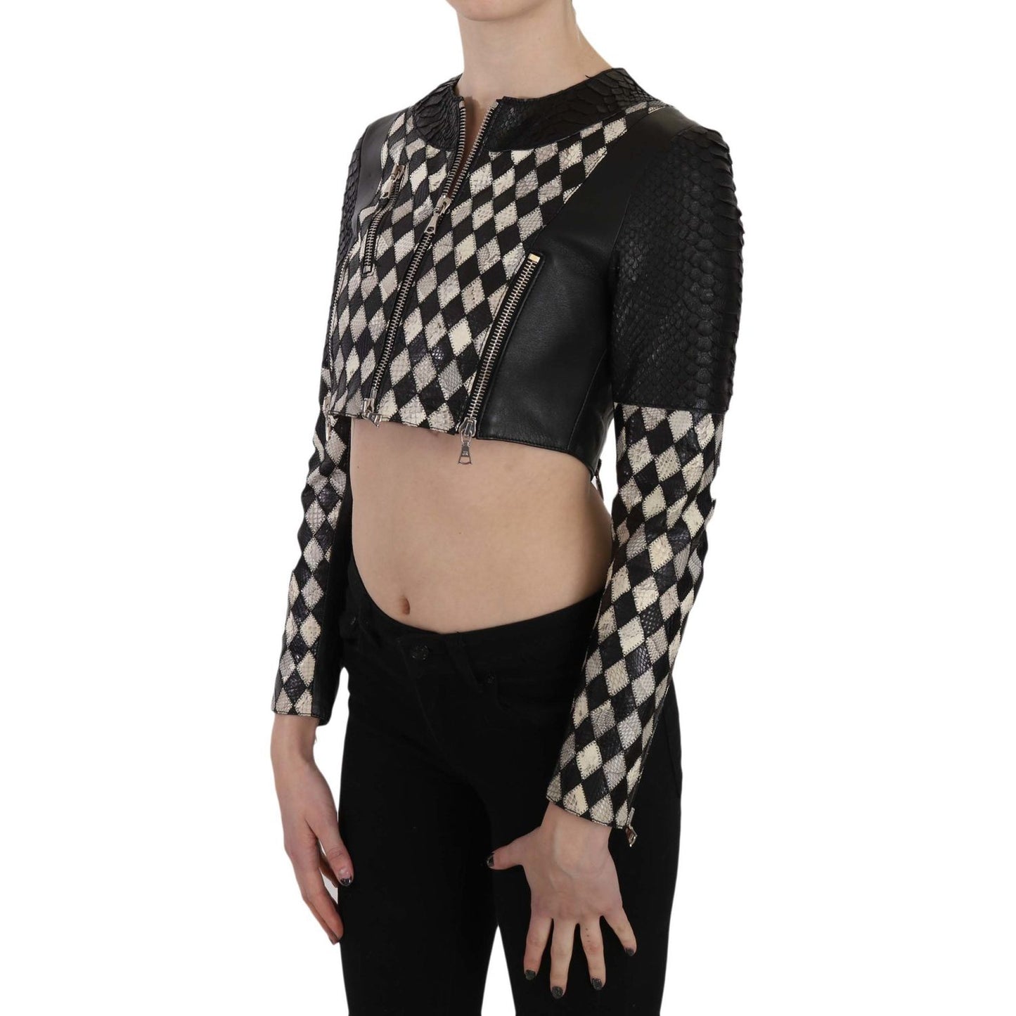 John Richmond Black White Leather Short Cropped Biker Jacket Coat
