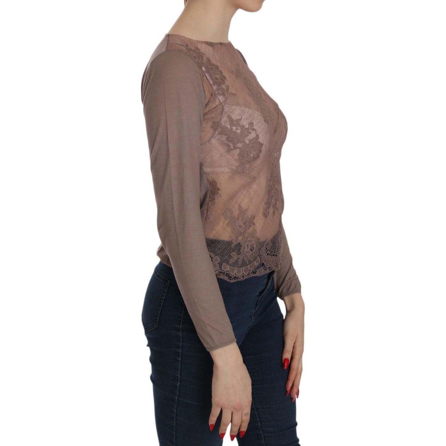 PINK MEMORIES Brown Lace See Through Long Sleeve Top