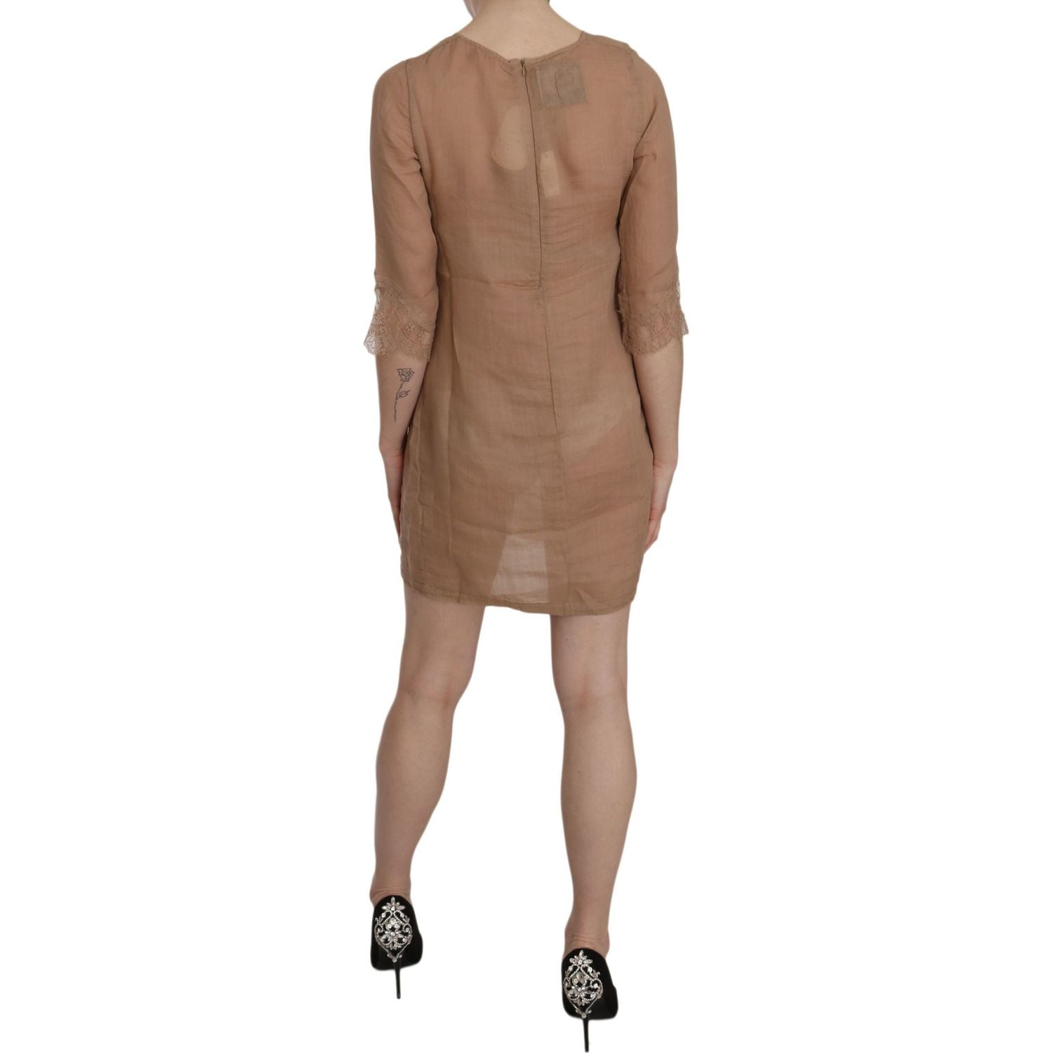 PINK MEMORIES Brown 3/4 Sleeve Crewneck Shift Mini Dress