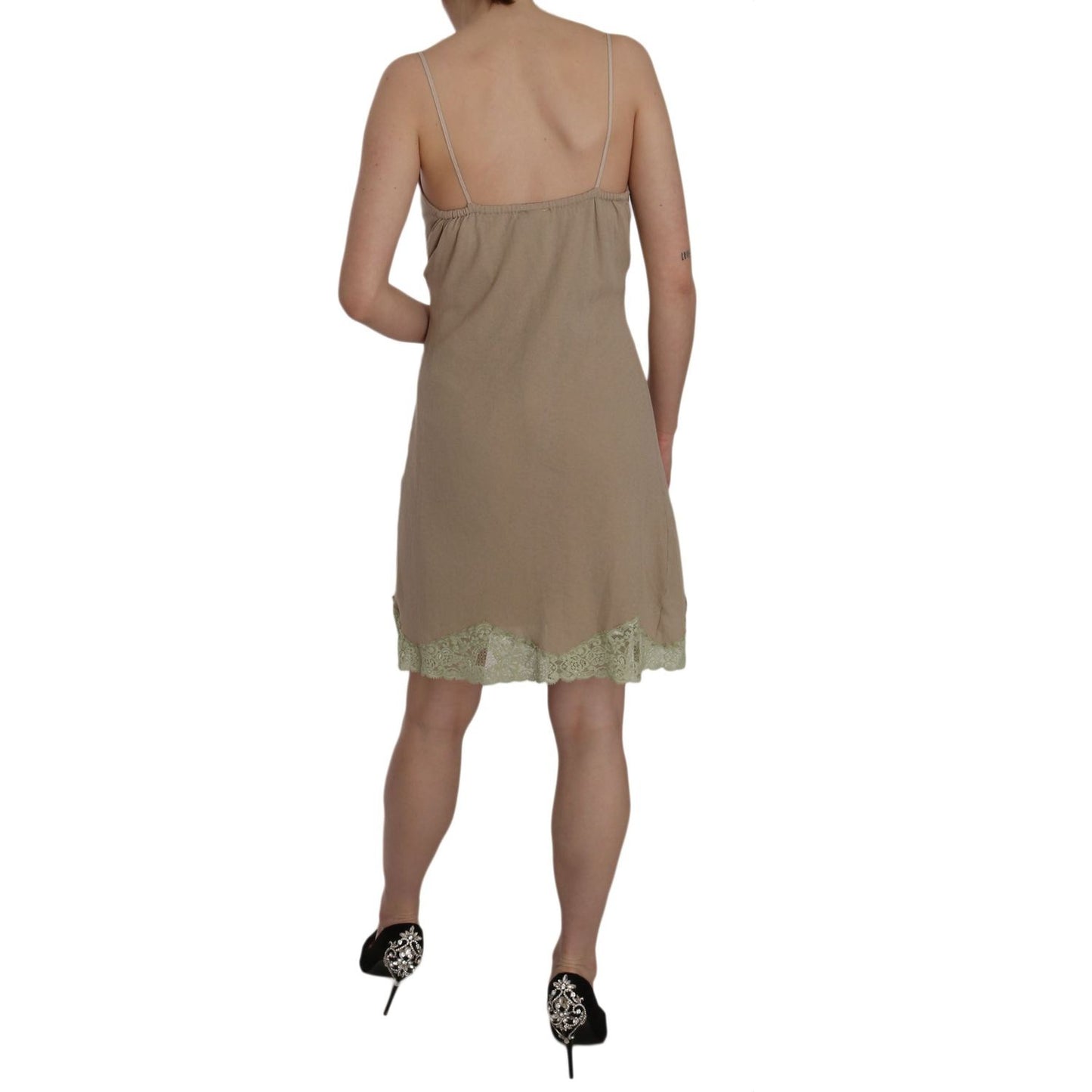 PINK MEMORIES Beige Lace Spaghetti Strap Mini Cotton Dress