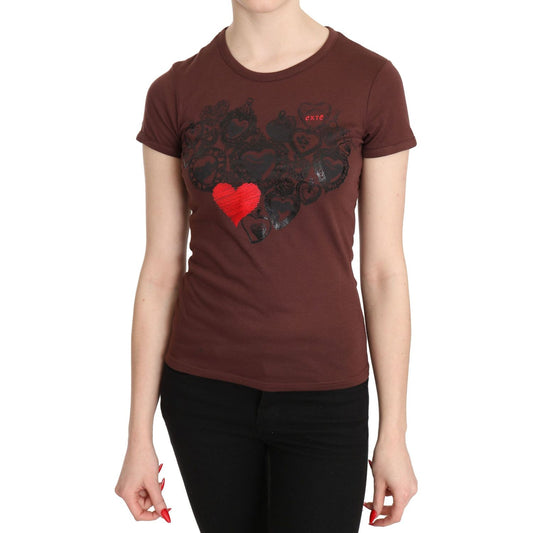 Exte Chic Brown Hearts Printed Short Sleeve Top Exte