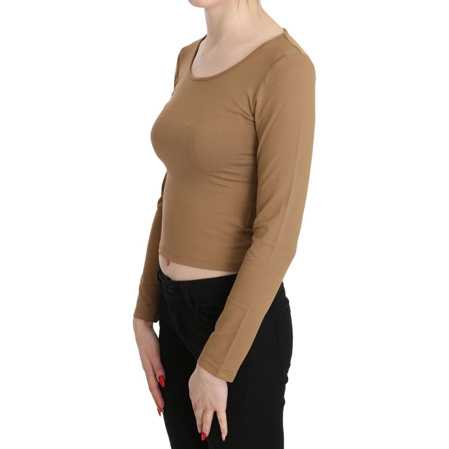 GF Ferre Brown Round Neck Long Sleeve Slim Crop Top Blouse