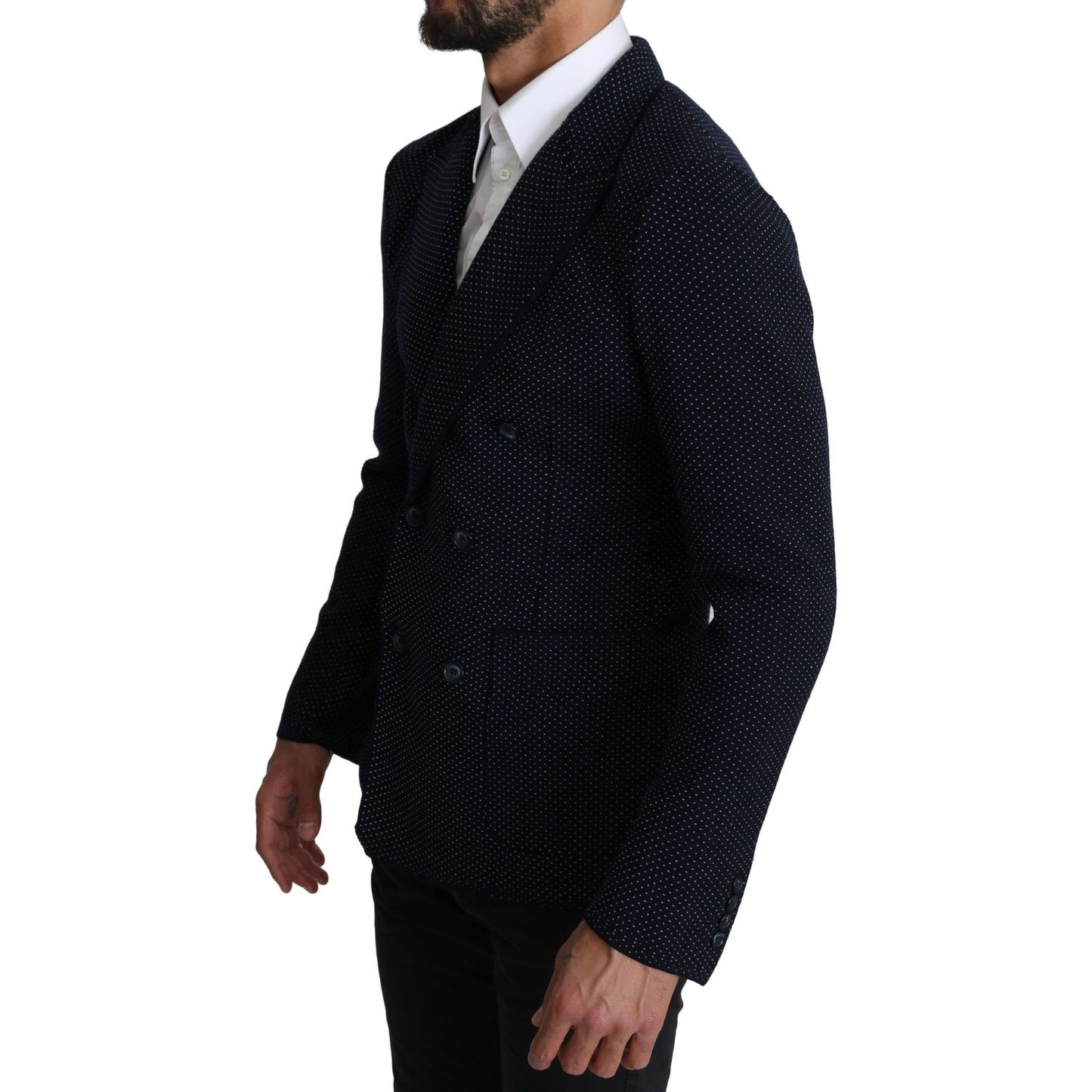 Dolce & Gabbana Dark Blue Dotted Double Breasted Coat Blazer