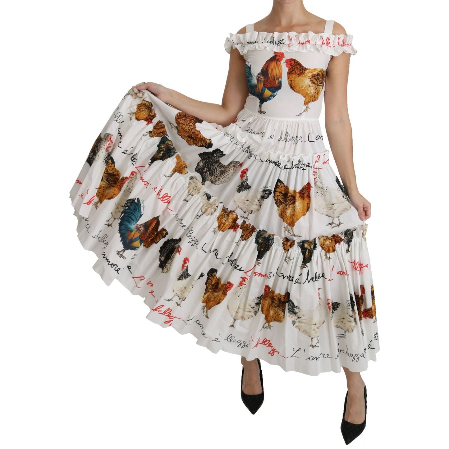 Dolce & Gabbana Elegant White Rooster Print Sheath Midi Dress Dolce & Gabbana