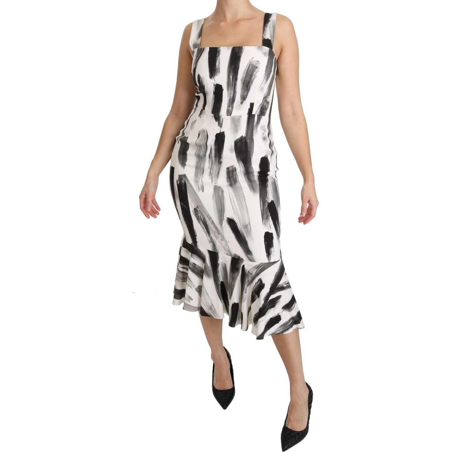 Dolce & Gabbana White Black Printed Sheath Midi Viscose Dress