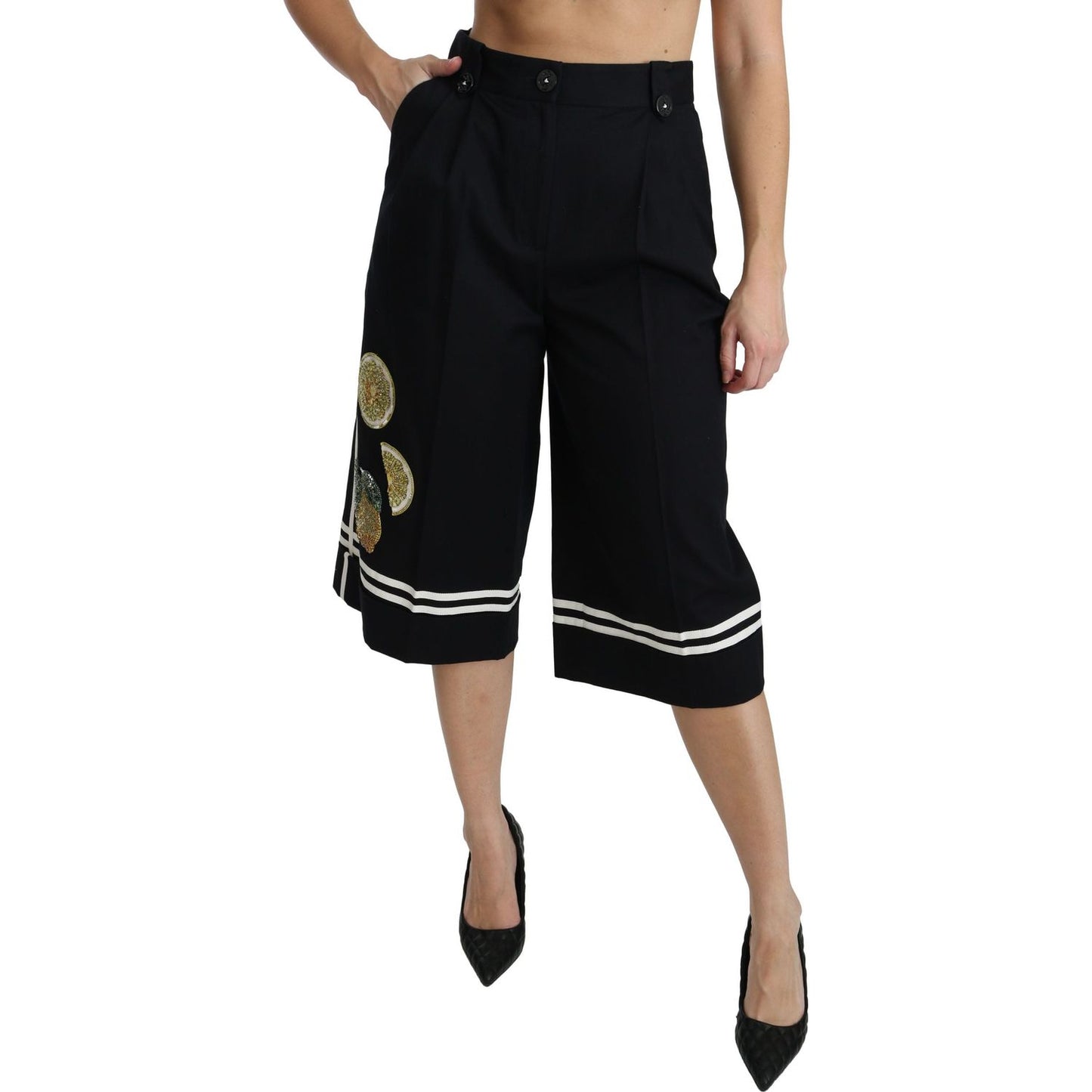 Dolce & Gabbana High Waist Palazzo Cropped Pants in Black Lemon Jeans & Pants Dolce & Gabbana