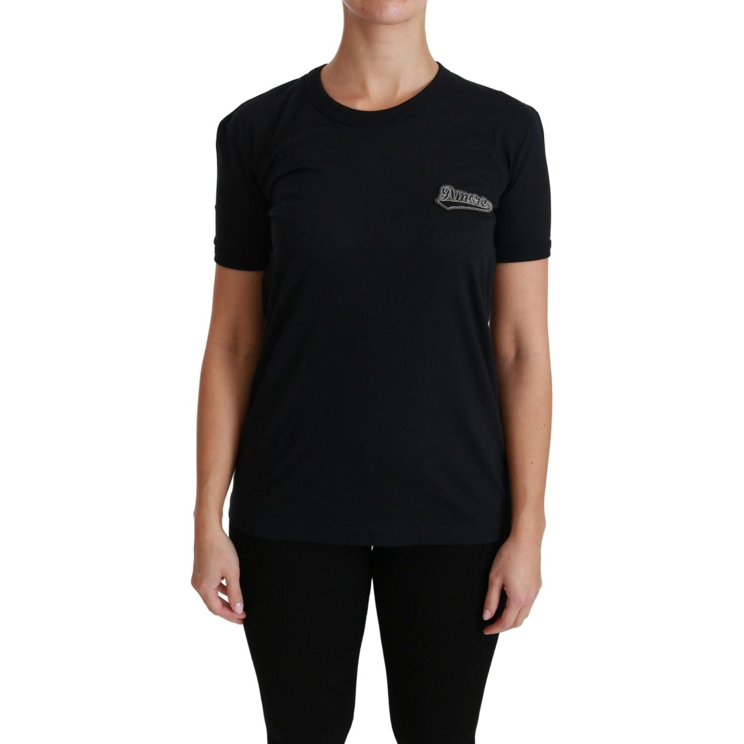 Dolce & Gabbana Blue Amore Patch Crewneck Cotton Top T-shirt