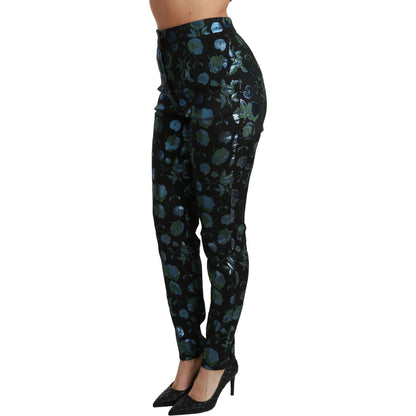 Dolce & Gabbana Blue Green Floral Metallic Slim Pants