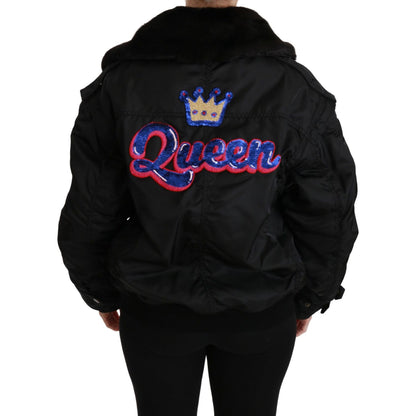 Dolce & Gabbana Black Queen Crown Sequined Bomber Jacket
