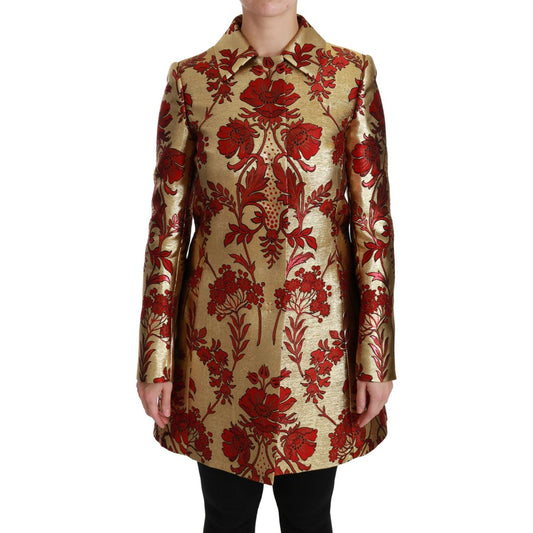 Elegant Gold Floral Brocade Trench Coat