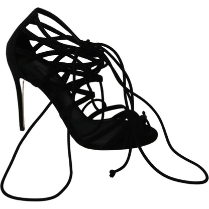 Dolce & Gabbana Black Suede Strap Stilettos Shoes Sandals