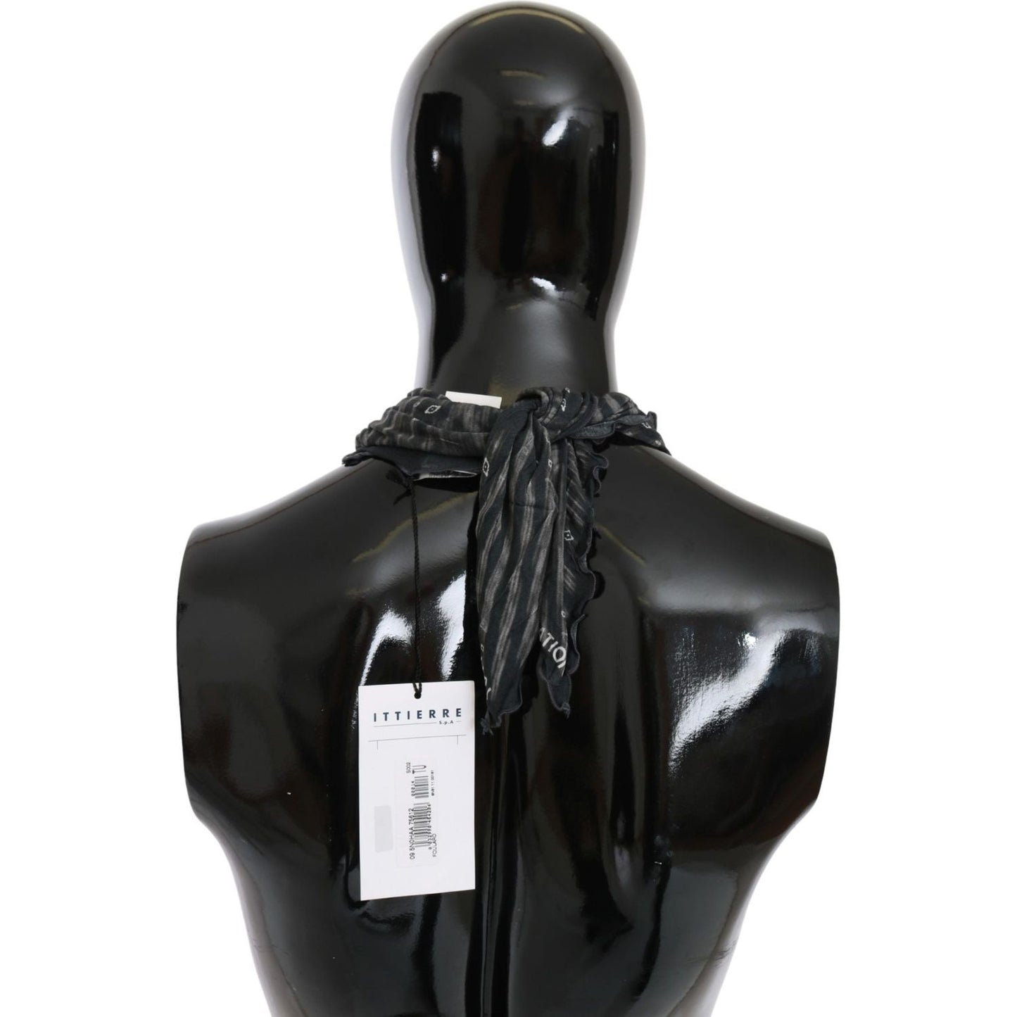 Back view of a mannequin wearing a black gray viscose branded scarf by CoSTUME NATIONAL.