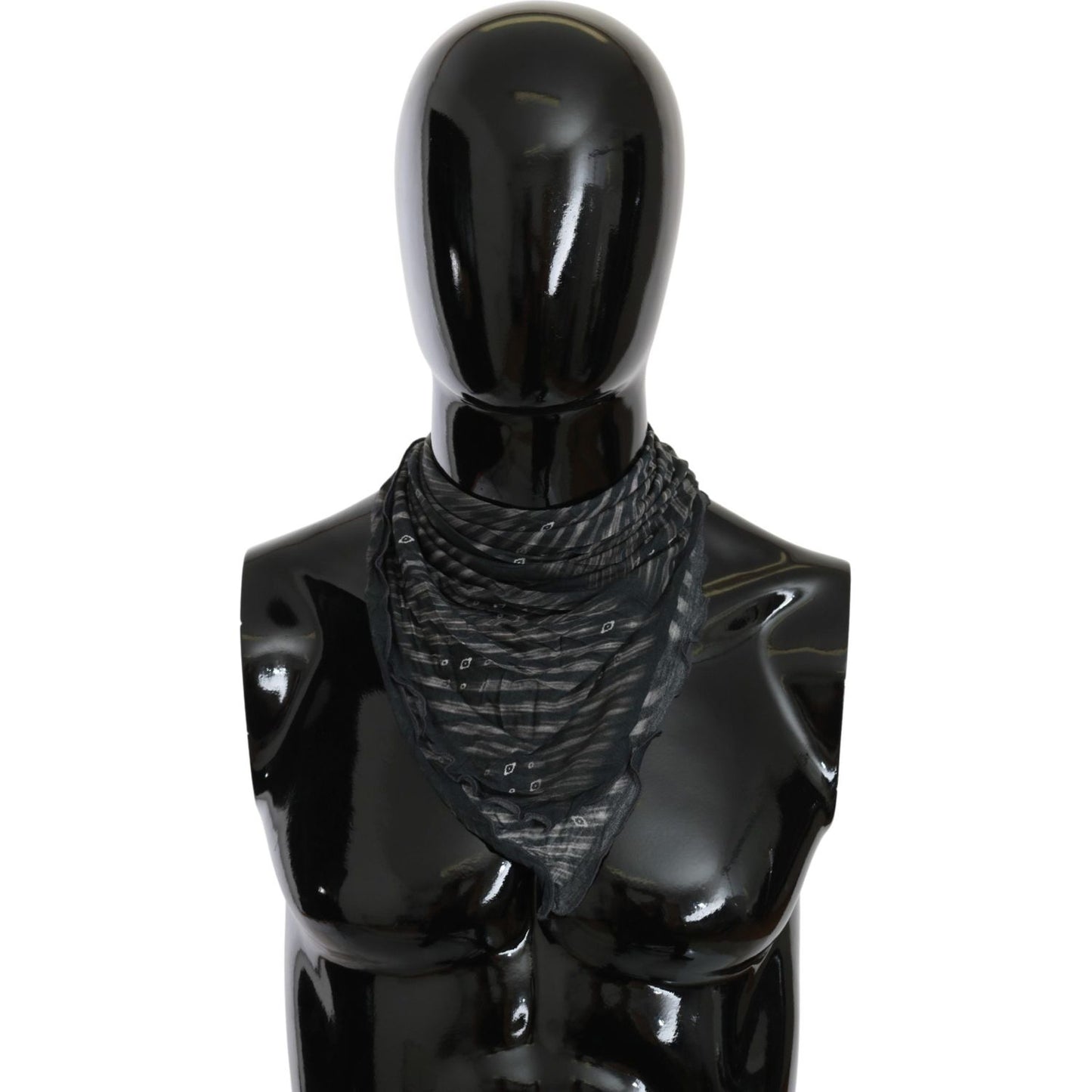 black gray viscose branded scarf displayed on a black mannequin, showcasing stylish striped design and logo details.