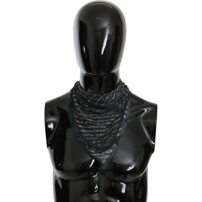 black gray viscose branded scarf displayed on a black mannequin, showcasing stylish striped design and logo details.