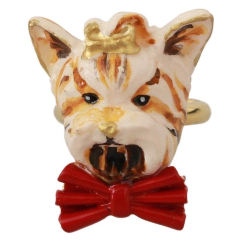 Dolce & Gabbana Gold Brass Resin Beige Dog Pet Branded Accessory Ring