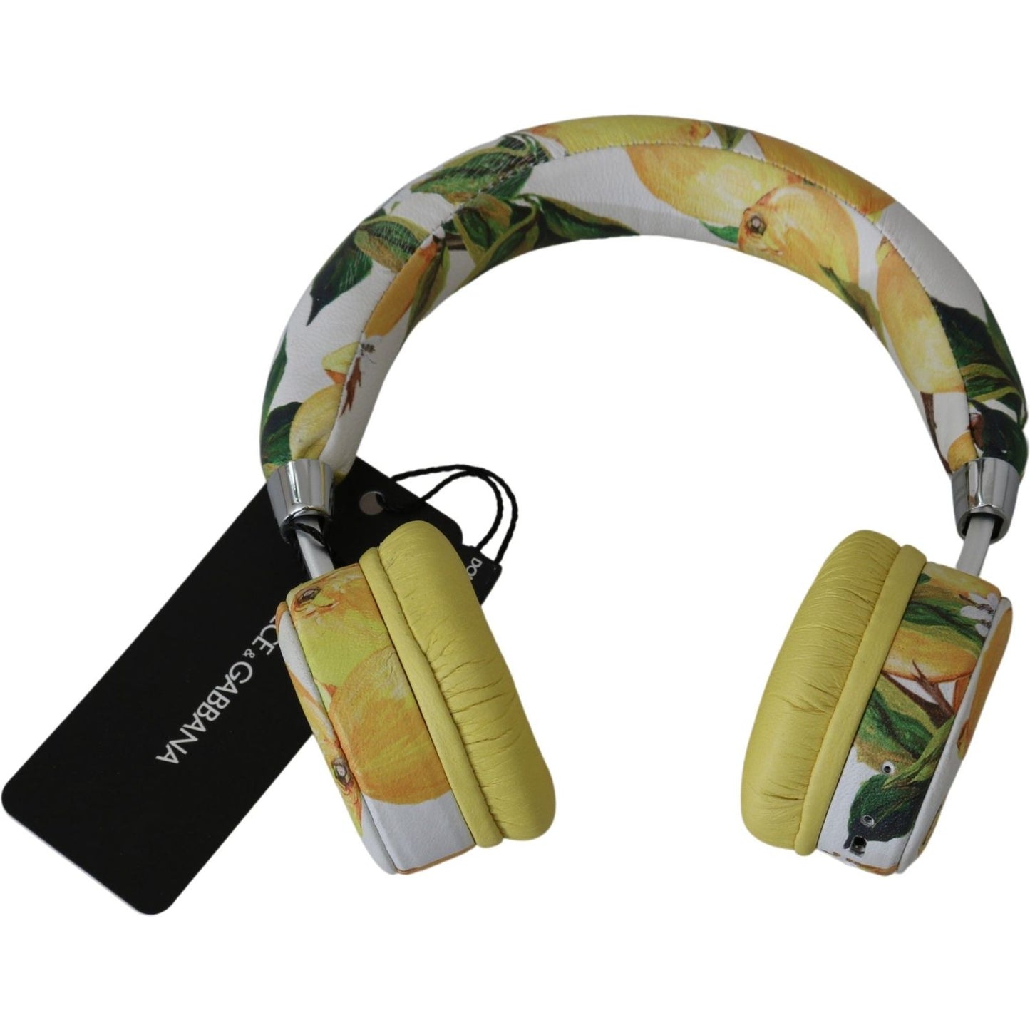 Dolce & Gabbana Chic White Leather Headphones with Yellow Print Dolce & Gabbana