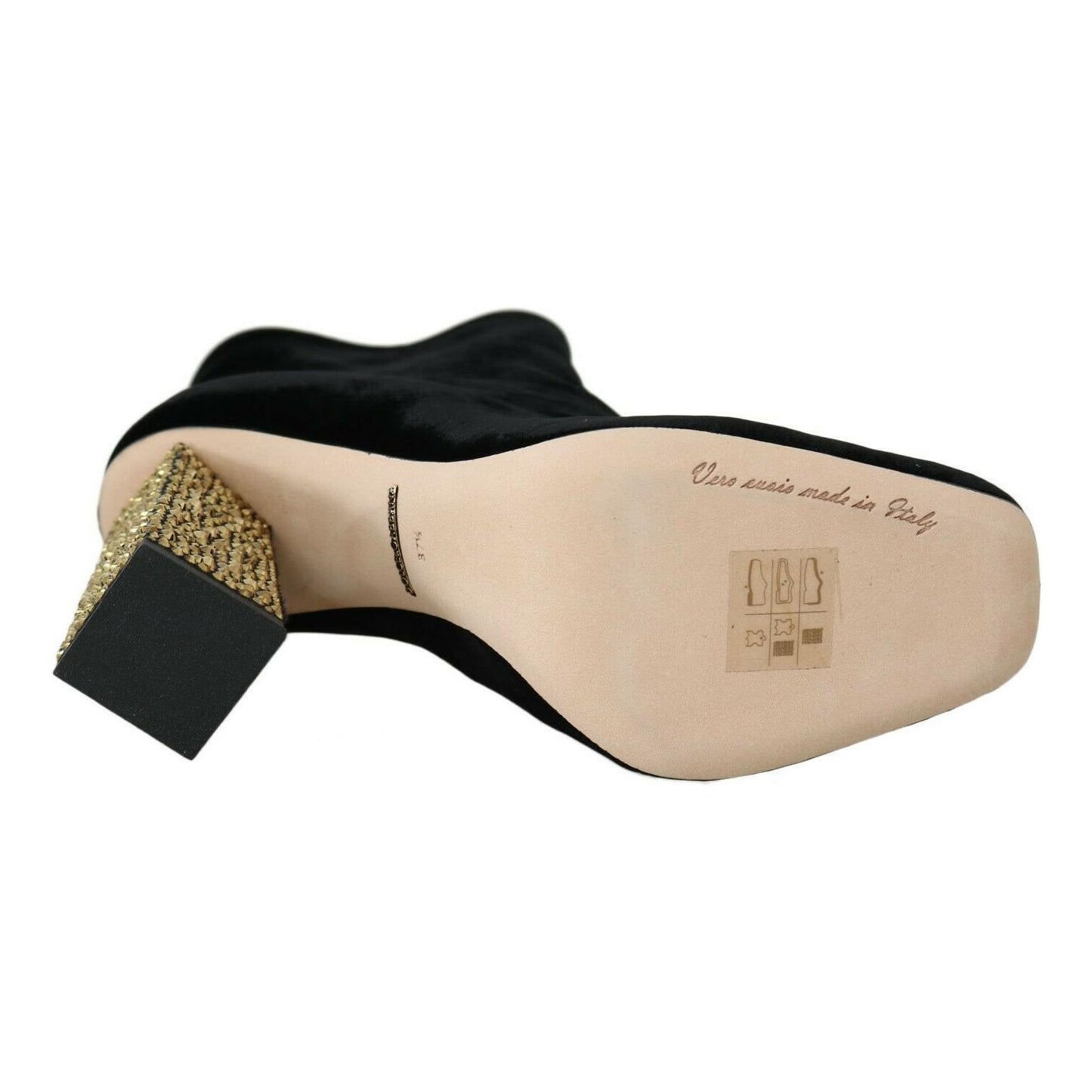 Dolce & Gabbana Black Velvet Crystal Square Heels Shoes