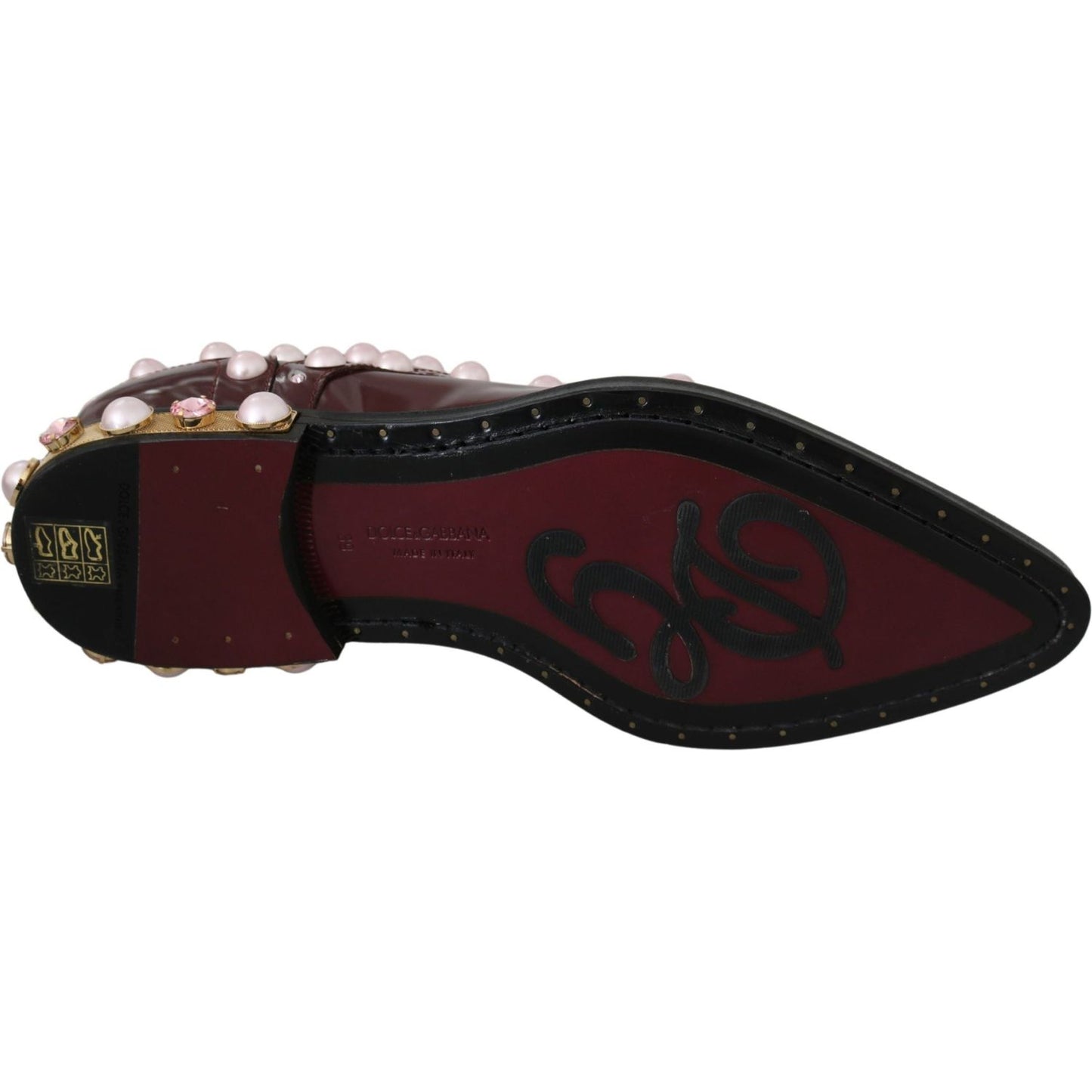 Dolce & Gabbana Elegant Bordeaux Lace-Up Flats with Pearls and Crystals Dolce & Gabbana